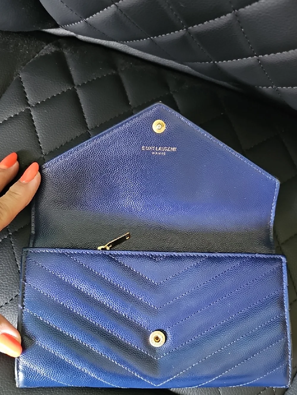 Saint Laurent Navy Quilted Leather Envelope Wallet with Gold YSL - Picture 5 of 10